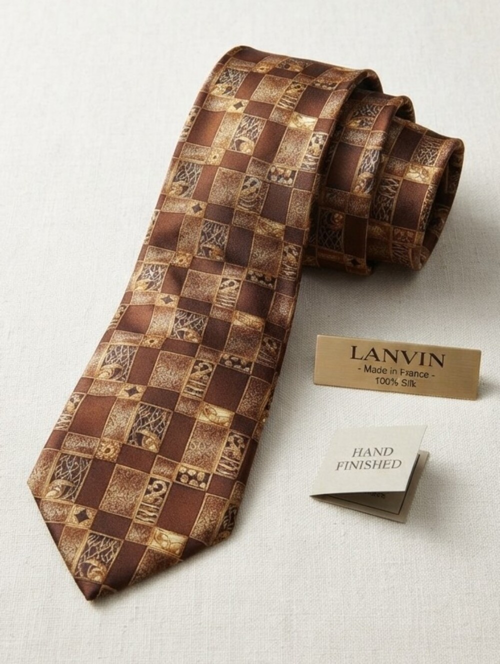 Lanvin Mens Silk Tie necktie brown and gold tie 100% silk made in france